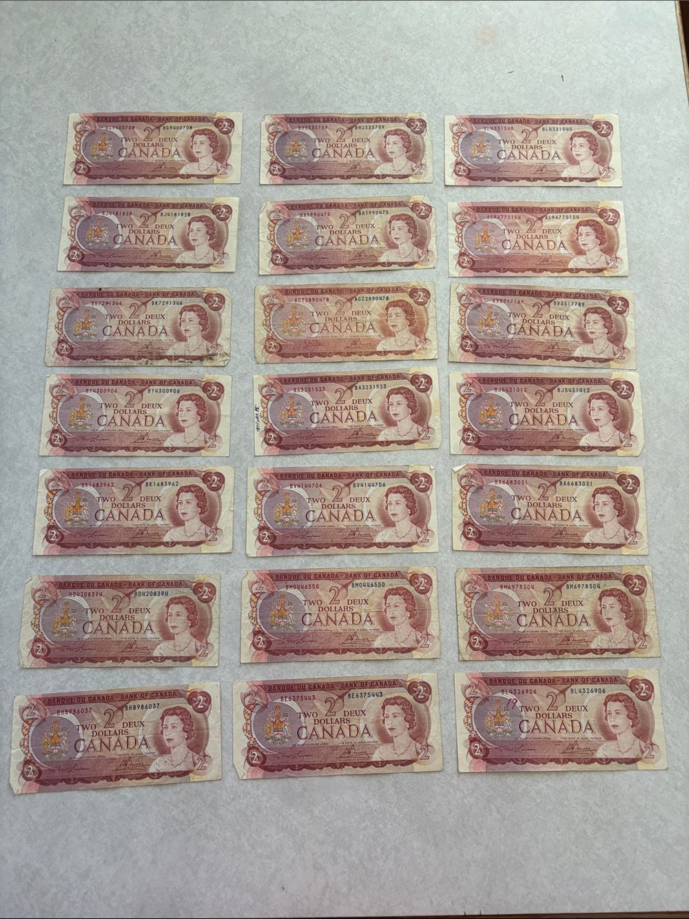 Vintage 1974 Canadian Two Dollar Bills - Pink/Red (Lot of 21) Circulated